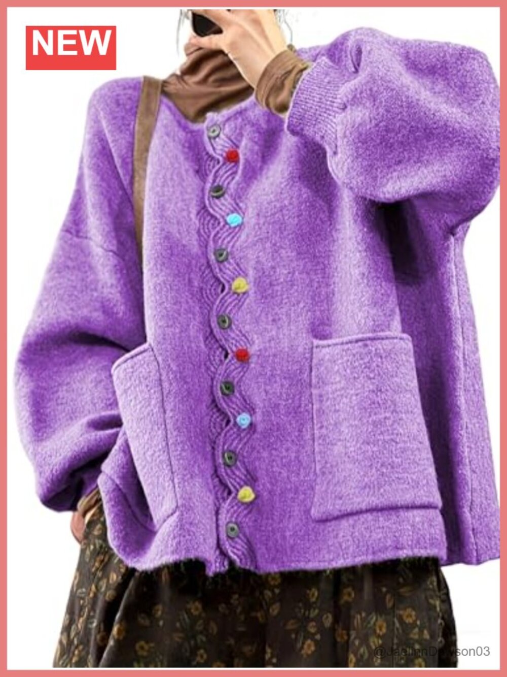 Women's Oversized Knit Cardigan Puff Sleeve Button Sweater Top with Pockets